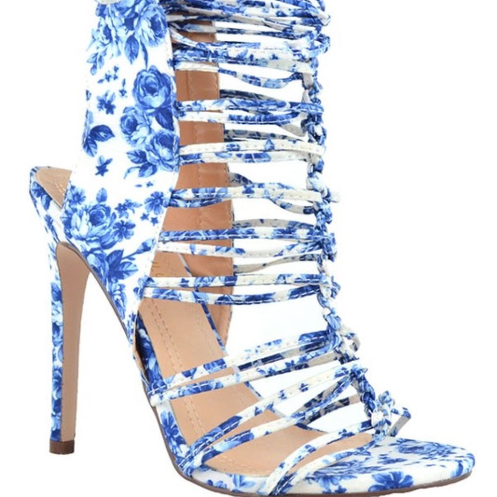 New White Floral Pattern Heels